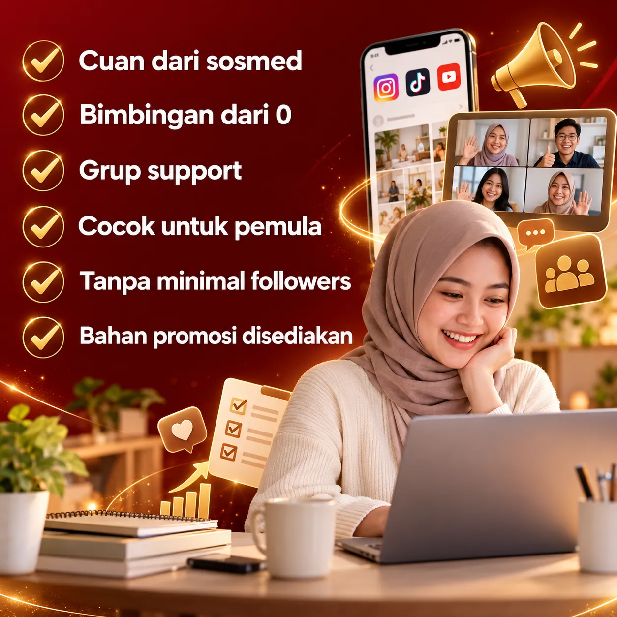 Keunggulan: cuan dari sosmed, bimbingan dari 0, grup support, cocok untuk pemula, tanpa minimal followers, bahan promosi disediakan